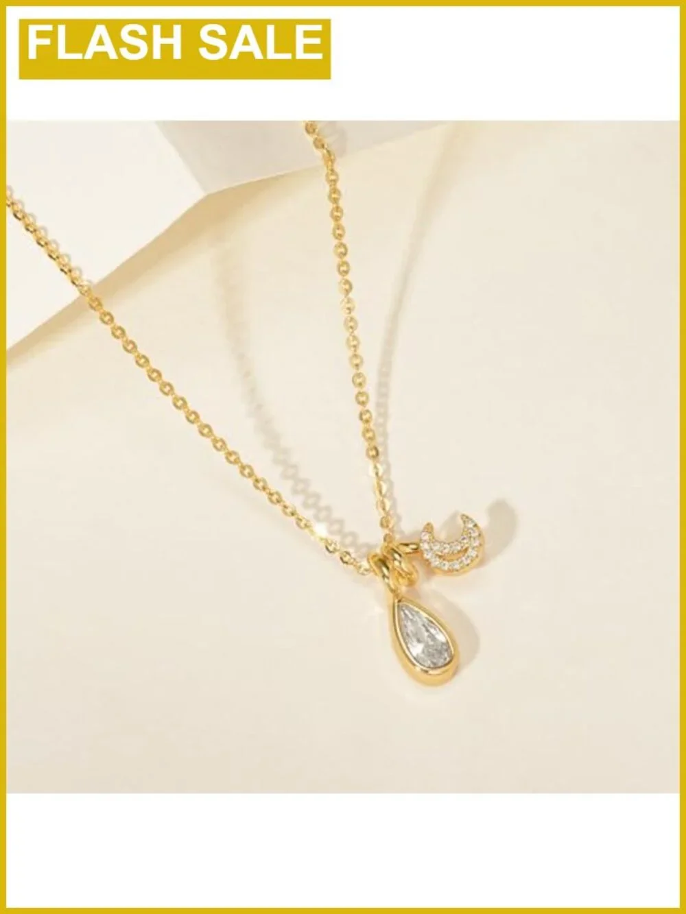 14K Gold Plated Moon Pendant Necklace with Cubic Zirconia Teardrop